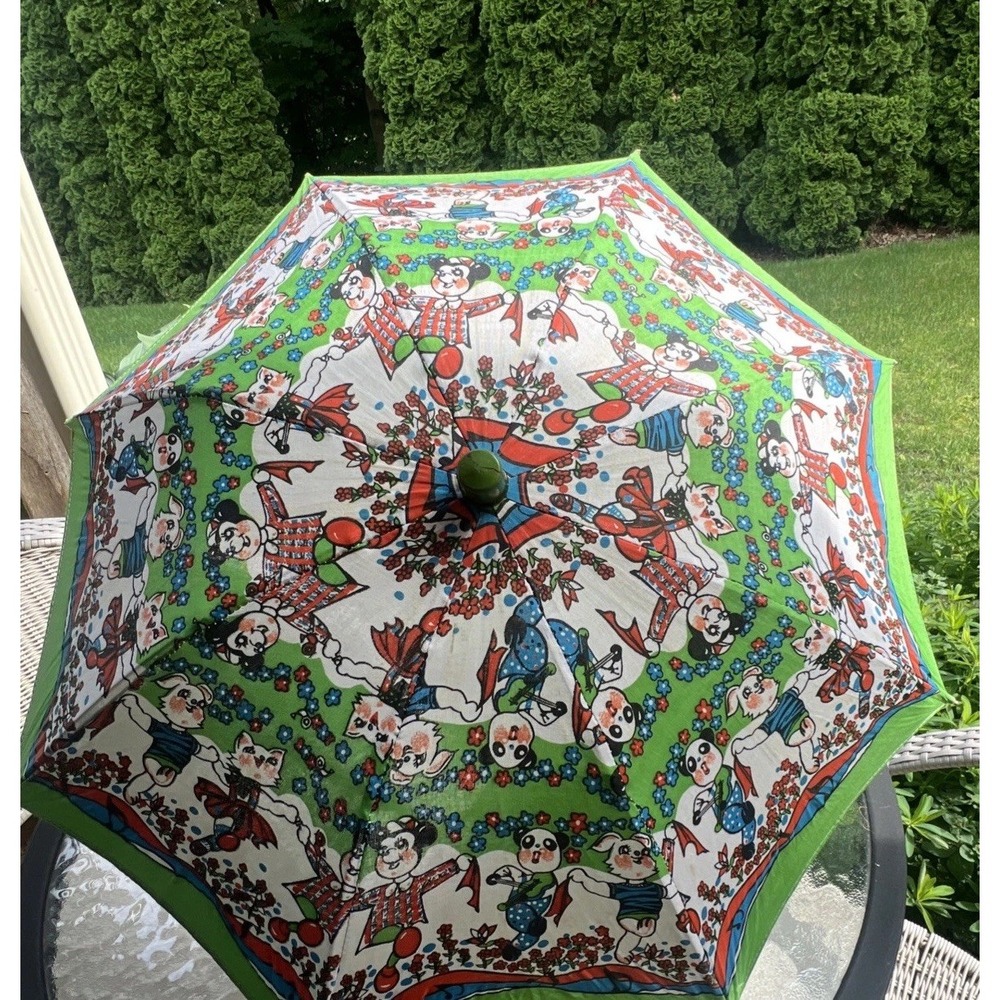 VTG Chinese‎ Childrens Parasol Umbrella Cloth & Wood Doll Handle Swallow Brand